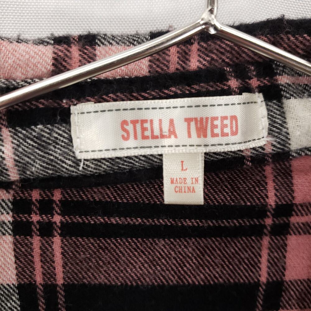 Stella Tweed Cropped Flannel Womens Large Pink Plaid MOOD Frayed Hem Button Up - Picture 5 of 6